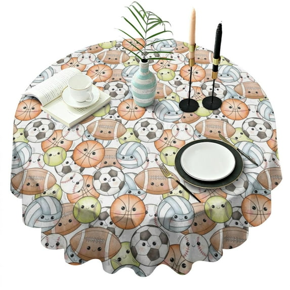 Colorful Cute Sports Balls Pattern Round Tablecloth 60"x60",Wrinkle Wipeable Table Cloth for Kitchen Dining Room Picnic Patio Party