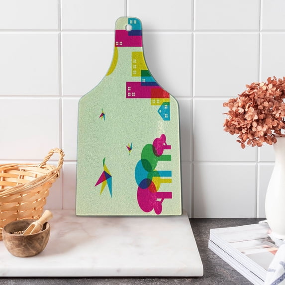 Colorful Cutting Board, Abstract Art Style Flying Origami Hummingbirds Colorful Buildings and Trees Print, Tempered Glass Cutting and Serving Board, Wine Bottle Shape, Multicolor, by Ambesonne