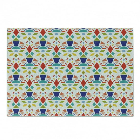 Colorful Cutting Board, Abstract Geometric Shapes with Rhombus and Triangles on Plain Background, Decorative Tempered Glass Cutting and Serving Board, in 3 Sizes, by Ambesonne