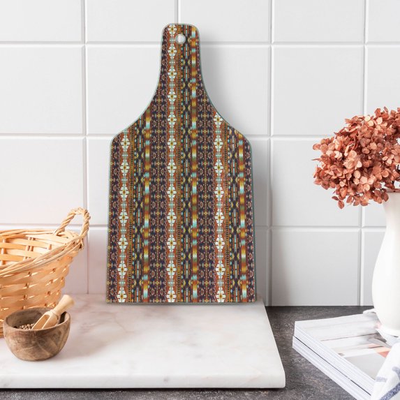 Colorful Cutting Board, Abstract Geometrical Native Aztec Style Composed Arrow Shaped Pattern Print, Decorative Tempered Glass Cutting and Serving Board, Wine Bottle Shape, Multicolor, by Ambesonne
