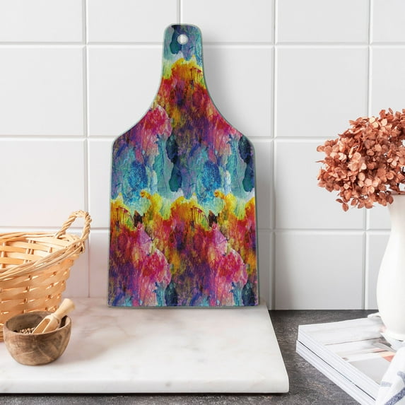 Colorful Cutting Board, Abstract Modern Art Expression Pattern Vector Illustration Design Art Print, Decorative Tempered Glass Cutting and Serving Board, Wine Bottle Shape, Multicolor, by Ambesonne