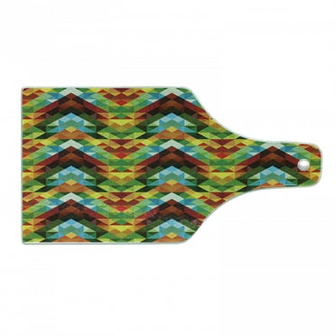 Colorful Cutting Board, Abstract Optic Effect Triangle Pattern Digital Vibrant Contemporary Design, Decorative Tempered Glass Cutting and Serving Board, Wine Bottle Shape, Multicolor, by Ambesonne