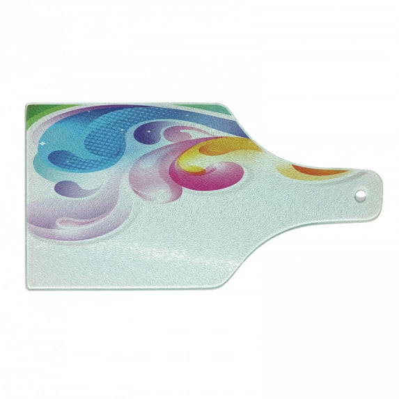 Colorful Cutting Board, Abstract Splash Drops with Computer Digital Concept Paintbrush Watercolor Effect, Tempered Glass Cutting and Serving Board, Wine Bottle Shape, Multicolor, by Ambesonne