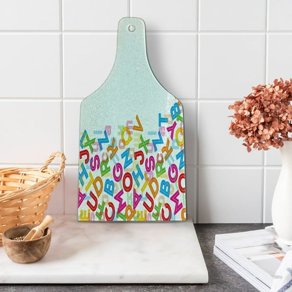 Colorful Cutting Board, Alphabet Background Design with Letter Words Literature Textured Fun Print, Decorative Tempered Glass Cutting and Serving Board, Wine Bottle Shape, Multicolor, by Ambesonne