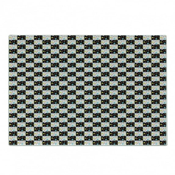 Colorful Cutting Board, Black and White Checkered Pattern with Lively Colored Dots Modern Geometric Tile, Decorative Tempered Glass Cutting and Serving Board, Small Size, Multicolor, by Ambesonne