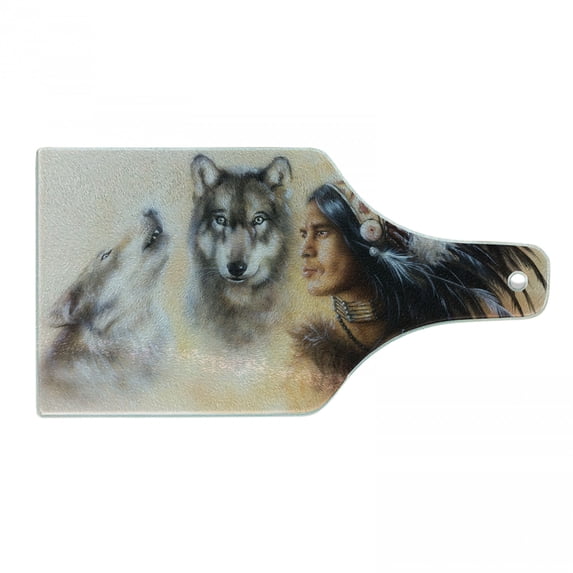 Colorful Cutting Board, Blur Mystic Painting of Young Native Man Feather Wolves, Decorative Tempered Glass Cutting and Serving Board, Wine Bottle Shape, Multicolor, by Ambesonne