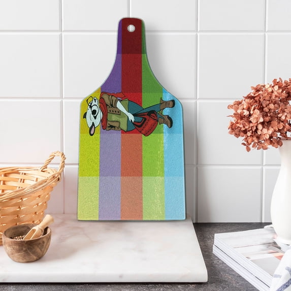 Colorful Cutting Board, Cartoon Fox with Fashion Clothes in Human Form Hipster Animal Colorful Print, Decorative Tempered Glass Cutting and Serving Board, Wine Bottle Shape, Multicolor, by Ambesonne