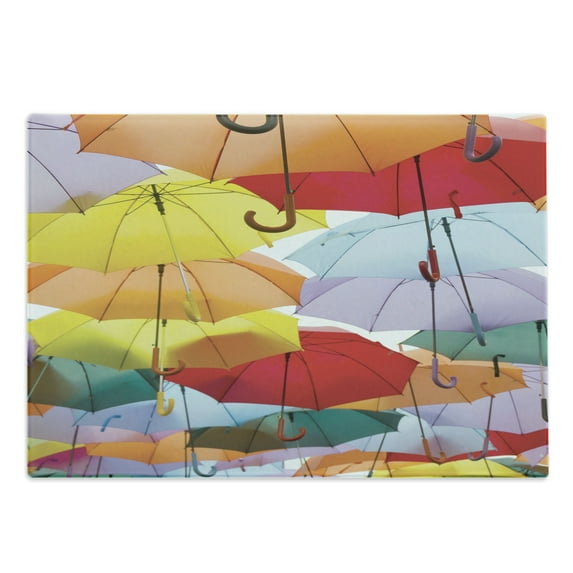 Colorful Cutting Board, Close up Happy Photo Hanged High Vivid Umbreallas Rainy Autumn Day Themed, Decorative Tempered Glass Cutting and Serving Board, in 3 Sizes, by Ambesonne