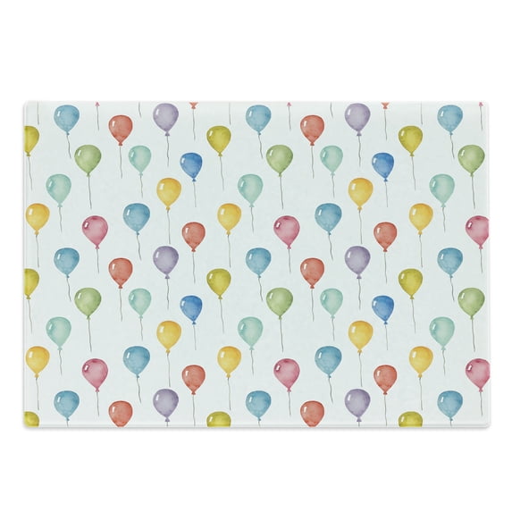 Colorful Cutting Board, Festival Entertainment Carnival Flying Balloons Watercolors Celebration Surprise, Decorative Tempered Glass Cutting and Serving Board, Large Size, Multicolor, by Ambesonne