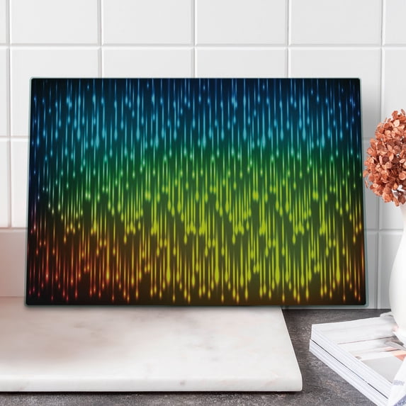 Colorful Cutting Board, Galaxy Universe Outer Space Inspired Technical Neon Rain Modern Abstract Art Print, Decorative Tempered Glass Cutting and Serving Board, Large Size, Multicolor, by Ambesonne