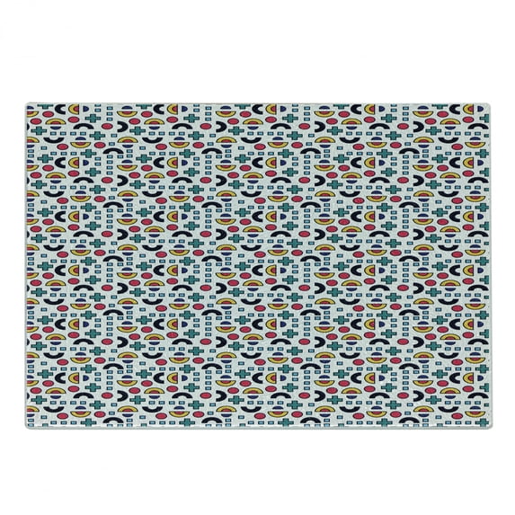 Colorful Cutting Board, Memphis Style Geometric Composition with Half Circles Plus Sign Dots and Squares, Decorative Tempered Glass Cutting and Serving Board, Small Size, Multicolor, by Ambesonne