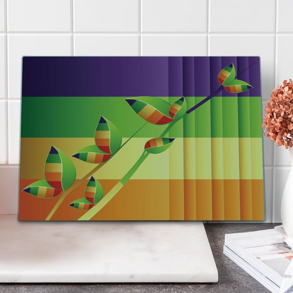 Colorful Cutting Board, Modern Various Fractal Floral Leaves and Branch Vibrant Stripes Fantasy Art, Decorative Tempered Glass Cutting and Serving Board, Large Size, Multicolor, by Ambesonne