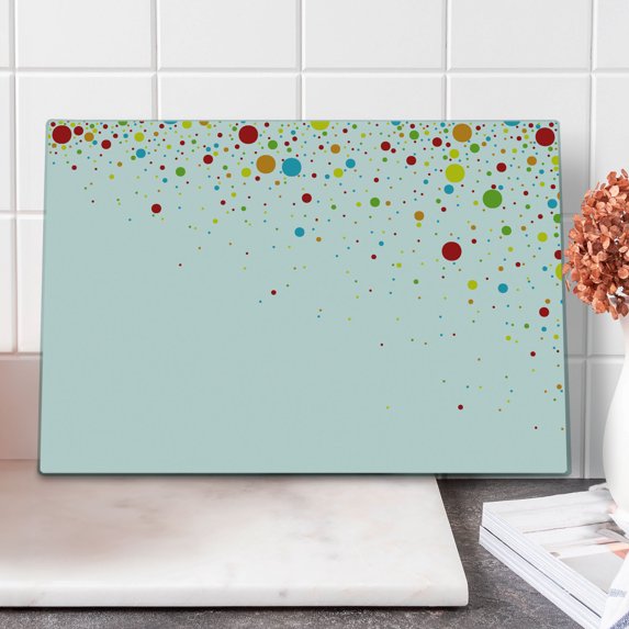 Colorful Cutting Board, Small Dots Like Party Celebration Print on White Backdrop Retro Style Art, Decorative Tempered Glass Cutting and Serving Board, Large Size, Multicolor, by Ambesonne