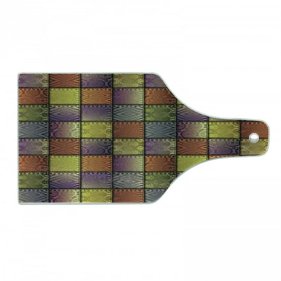 Colorful Cutting Board, Stitch-Like Digital Mix Motifs Pattern with Inner Triangle Round Shapes Image, Decorative Tempered Glass Cutting and Serving Board, Wine Bottle Shape, Multicolor, by Ambesonne