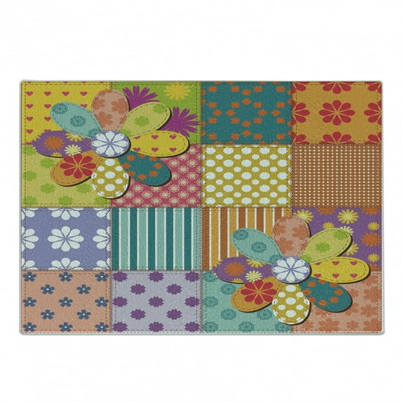 Colorful Cutting Board, Various Type of Floral and Geometric Forms Mixed Polka Dots Tartan Stripes Design, Decorative Tempered Glass Cutting and Serving Board, Small Size, Multicolor, by Ambesonne