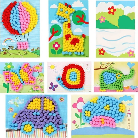 Colorful DIY Pom Pom Art Kit for Kids Creative Craft Set with Animal and Vehicle Designs, Perfect for Ages 3-8