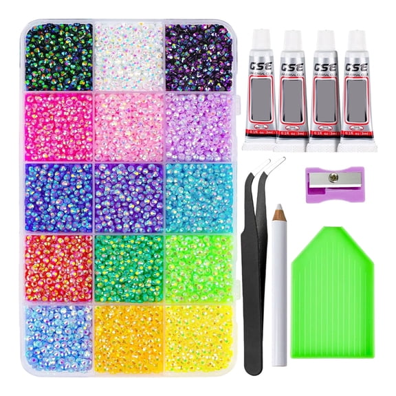Colorful DIY Resin Rhinestone Kit – 18000pc Bedazzling Kit Rhinestones, 15 Colors Resin Jelly Rhinestones for Bedazzling, Multicolor 3mm Flatback Gems for Nail Art & Diamond Art with B7000 Glue