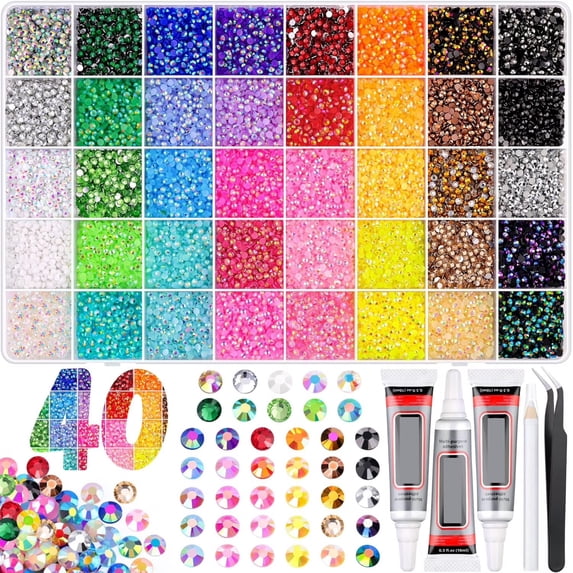 Colorful DIY Resin Rhinestone Kit – 40000pc Bedazzling Kit Rhinestones, 40 Colors Resin Jelly Rhinestones for Bedazzling, Multicolor 3mm Flatback Gems for Nail Art & Diamond Art with B7000 Glue