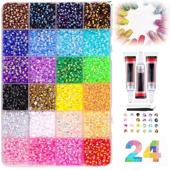 Colorful DIY Resin Rhinestone Kit for Bedazzling, 24000PC Resin Jelly Rhinestones for Bedazzling, 24 Colors 3mm Flatback Gems for Diamond Art 3Pcs B7000 Jewelry Glue for Bedazzled Nail Art