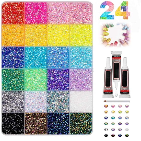 Colorful DIY Resin Rhinestone Kit for Bedazzling, 30000PC Resin Jelly Rhinestones for Bedazzling, 24 Colors 3mm Flatback Gems for Diamond Art 3Pcs B7000 Jewelry Glue for Bedazzled Nail Art