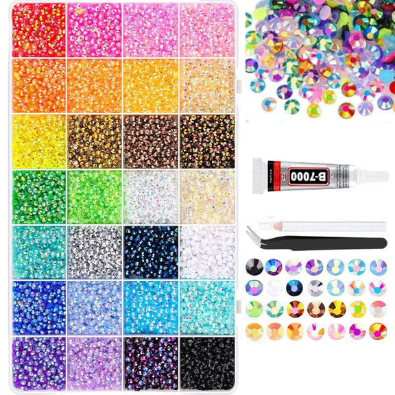 Colorful DIY Resin Rhinestone Kit for Bedazzling,Professional Bedazzling Kit with 30,000 Colorful Resin Rhinestones & 1 B7000 Glue Tubes for Nail Art,DIY Crafts,and Jewelry Making