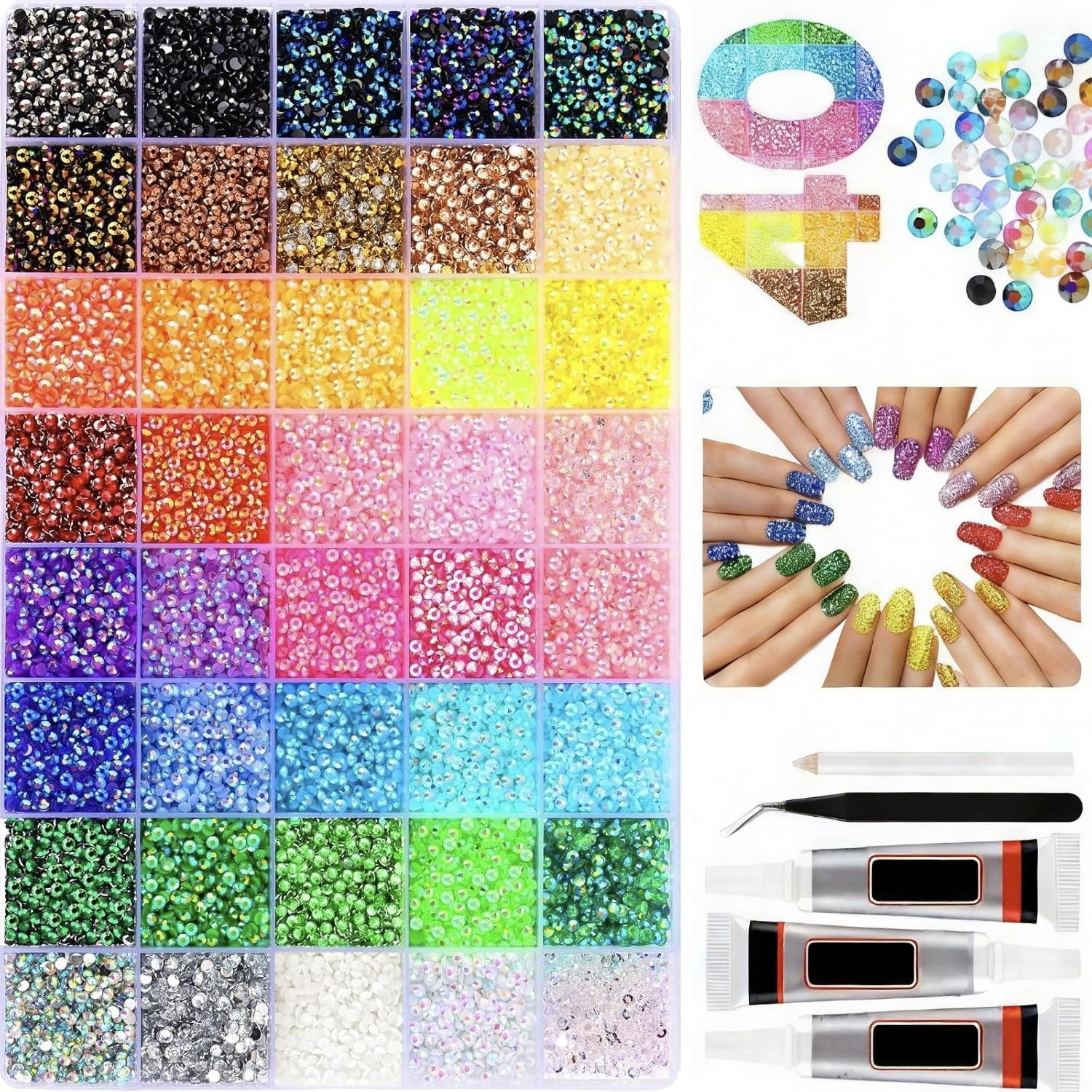Colorful DIY Resin Rhinestone Kit, Resin Jelly Rhinestones for Bedazzling, Multicolor 3mm Flatback Gems for Diamond Art 3Pcs B7000 Jewelry Glue for Bedazzled Nail Art（40-Grid）