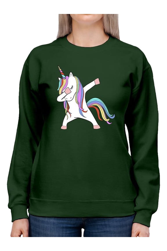 Colorful Dabbing Unicorn Sweatshirt Women - Women Sweatshirt, Forest Green, 2XL