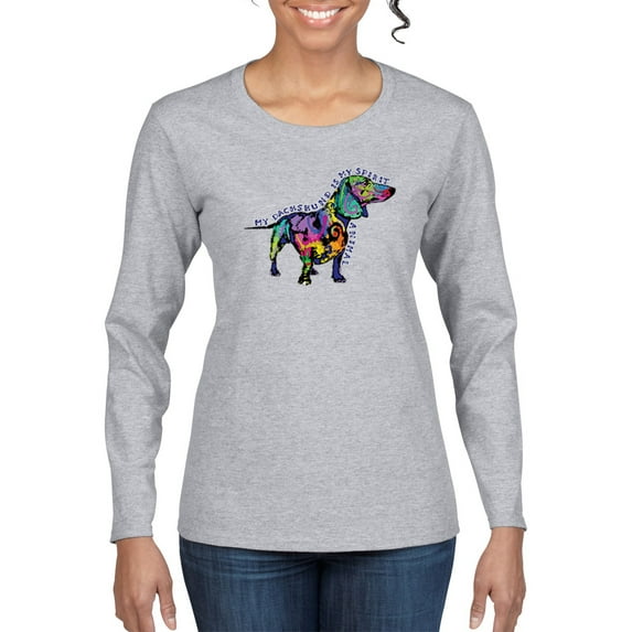 Colorful Dachshund Is My Spirit Animal Lover Womens Graphic Long Sleeve T-Shirt, Heather Grey, Medium