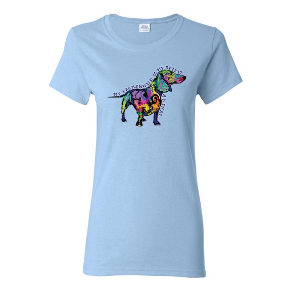 Colorful Dachshund Is My Spirit Animal Lover Womens Graphic T-Shirt, Light Blue, X-Large