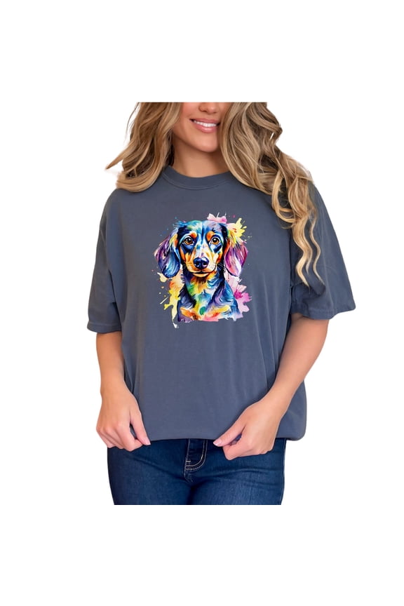 Colorful Dachshund T-Shirt, Watercolor Dog Art Tee, Unique Pet Lover Gift, Vibrant Art Shirts, Eye-Catching Dog Design, Cute Dog Apparel, Denim Comfort Colors T-Shirt, Small