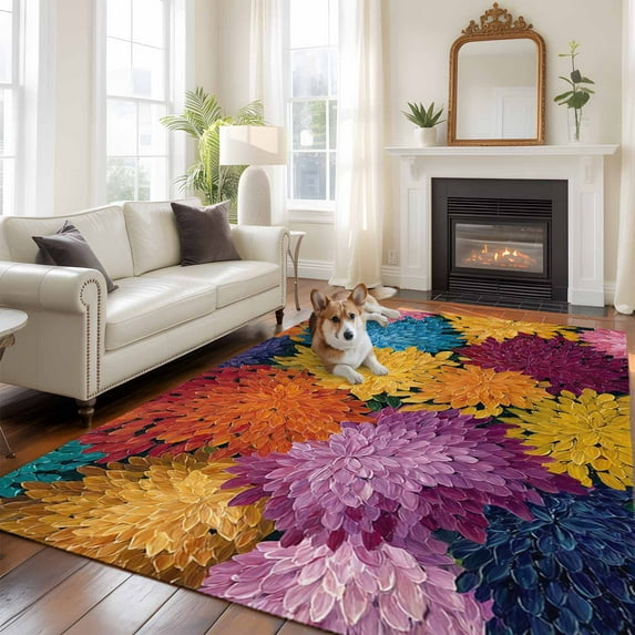 Colorful Dahlia 5x8 Rug for Bedroom Under Queen Bed Placement, Modern ...