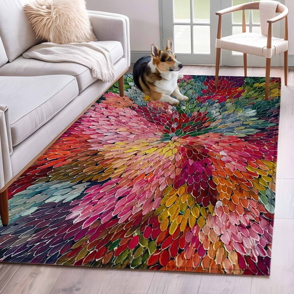 Colorful Dahlia Area Rugs 3x5 ft Modern Abstract Red Orange Flower Oil Painting Style Washable Rug Non Slip Indoor Carpet Absorbent Floor Mat for Living Room Bedroom Dining Room