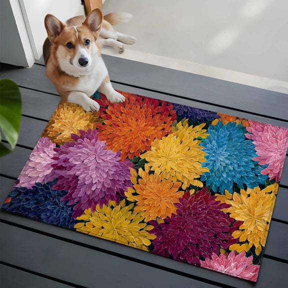 Colorful Dahlia Front Door Rugs 2x3 ft Modern Abstract Orange Yellow Blue Flower Oil Painting Style Small Rug for Entryway Non Slip Washable Bathroom Door Mat Absorbent Floor Mat for Indoor Entrance
