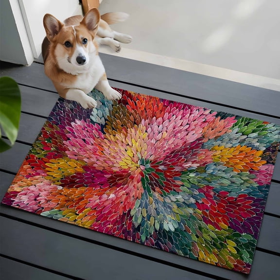 Colorful Dahlia Front Door Rugs 2x3 ft Modern Abstract Red Orange Flower Oil Painting Style Small Rug for Entryway Non Slip Washable Bathroom Door Mat Absorbent Floor Mat for Indoor Entrance