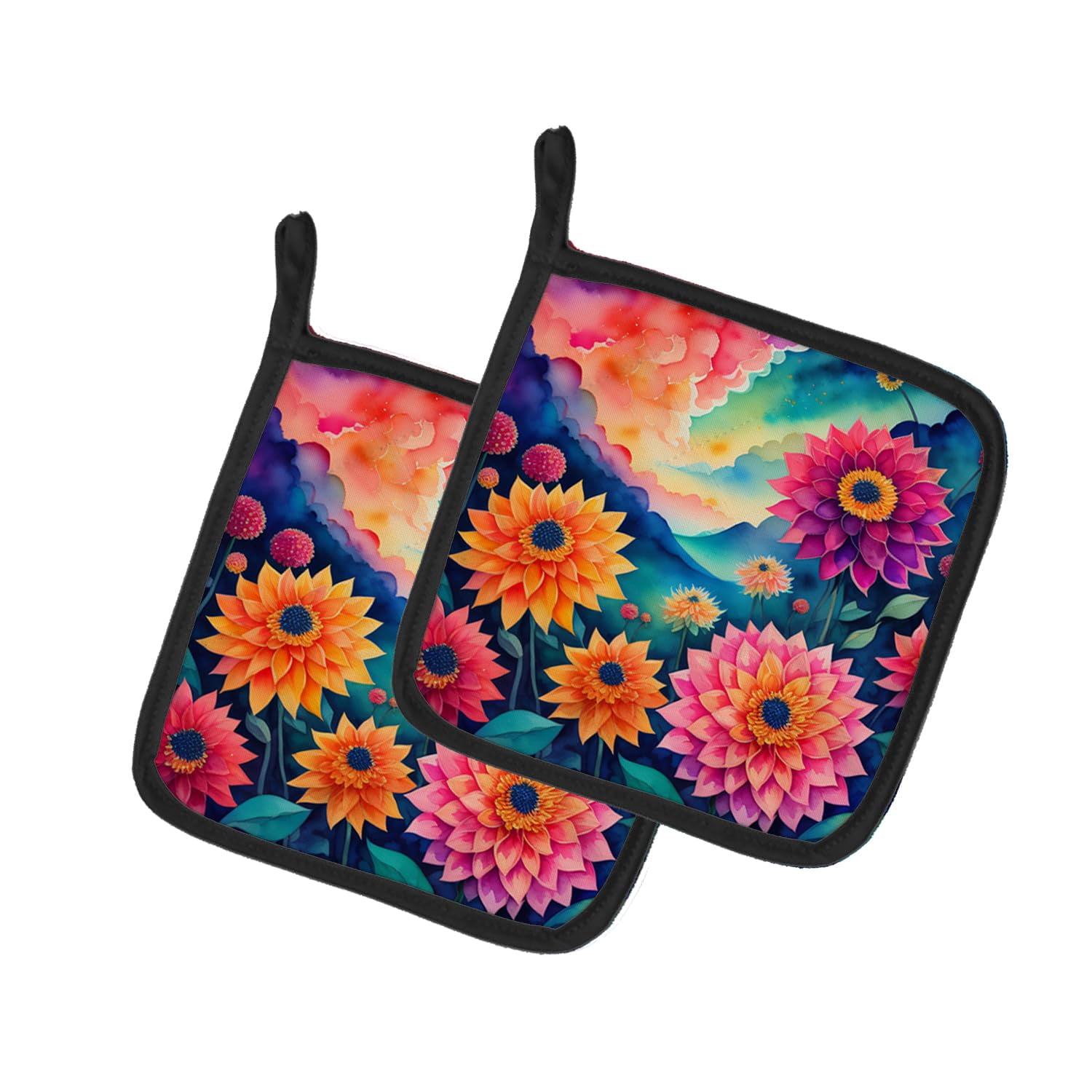 Colorful Dahlias Pair of Pot Holders 7.5 in x 7.5 in