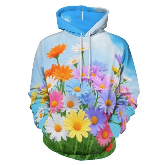 Colorful Daisies in Sky Men's Women Vintage 3D Hooded Sweatshirt - All-Season Loose Fit Streetwear