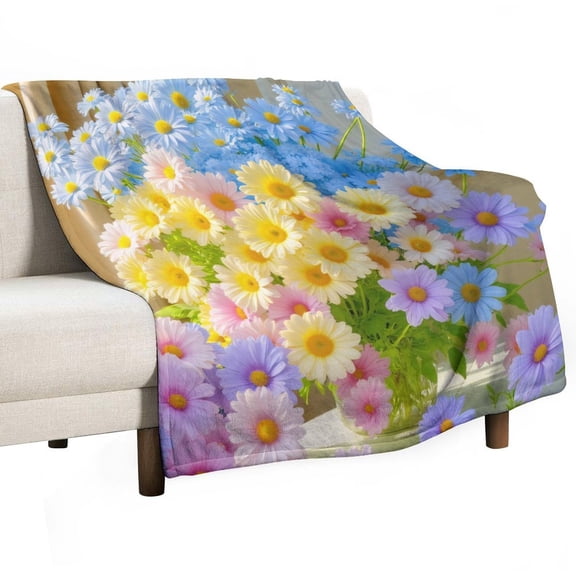 Colorful Daisies in Vase Throws Blankets for Sofa Bed Winter Plush Warm Blanket Holiday Gifts