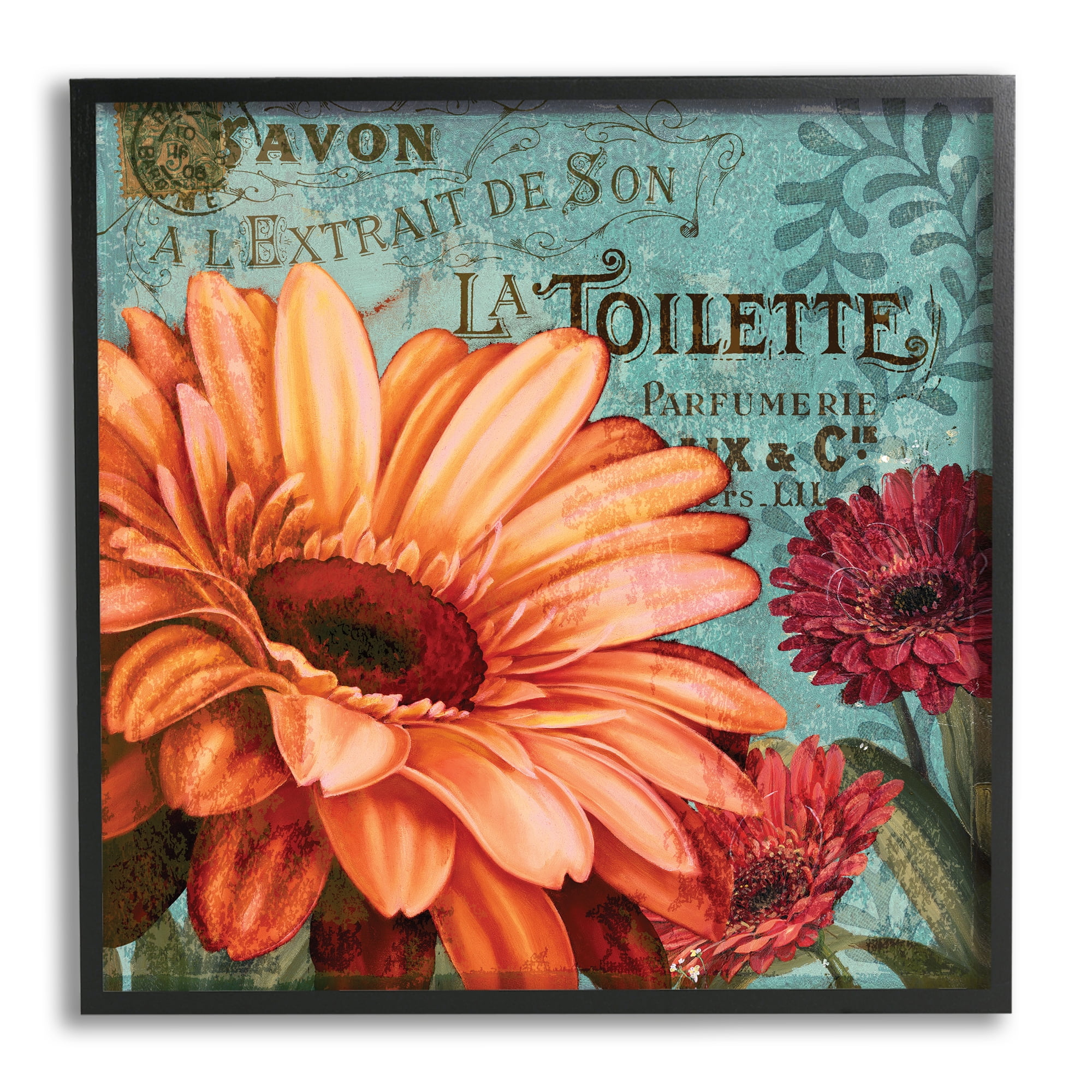 Colorful Daisies with Antique French Backdrop Botanical & Floral Framed Art Print Wall Art, 17x17