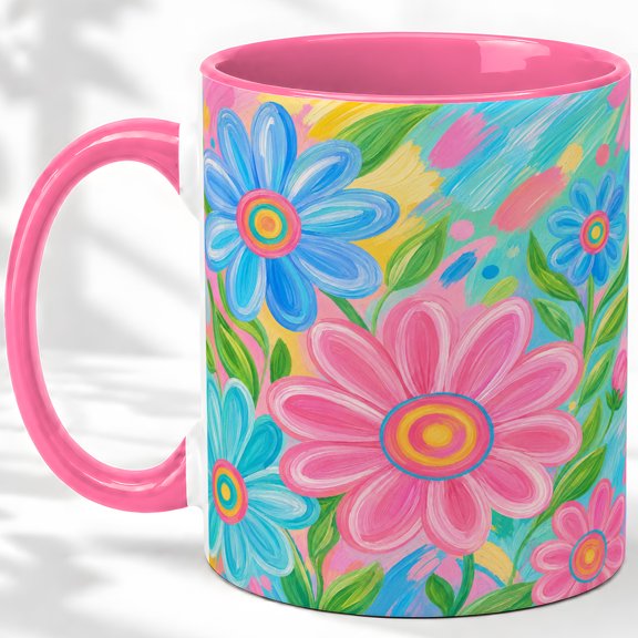 Colorful Daisy Accent Mug, 11oz Ceramic Coffee Cup for Flower Lovers