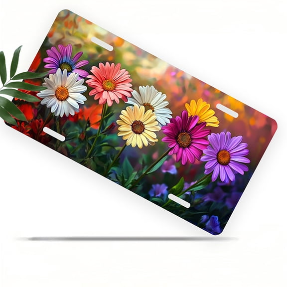 Colorful Daisy Assortment Front License Plate, Metal License Plate, Funny Standard Plates Personalized Novelty Decorative For Men/Women/Boys/Girls Car 6×12 Inch