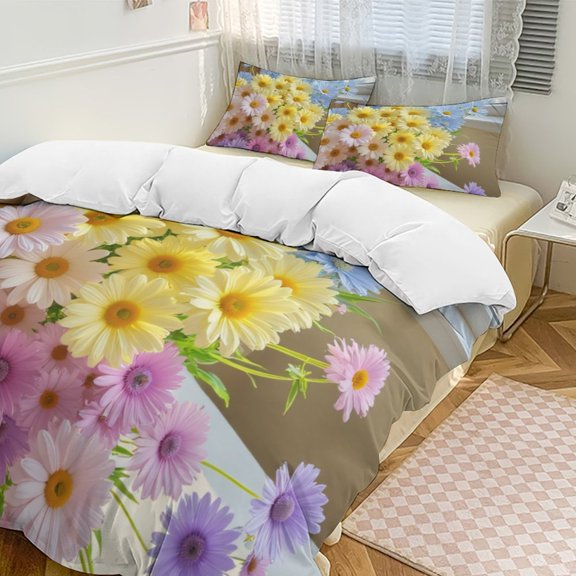 Colorful Daisy Bouquet by Window Duvet Cover Set Themed Multicolor Polyester Bedding Set for Bedroom Decoration