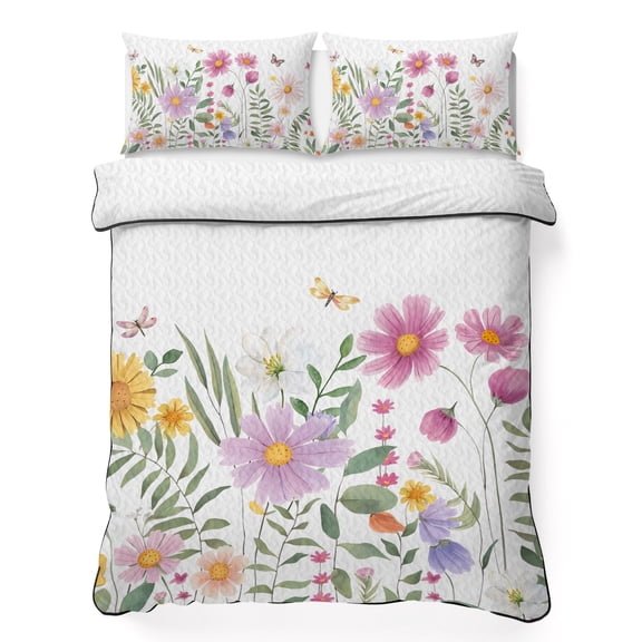 Colorful Daisy California King Quilt Bedding Set, Dragonfly Butterfly Leaf Lightweight Comforter with 2 Pillow Shams Bedroom Bedspread Set Home Decor for All Seasons