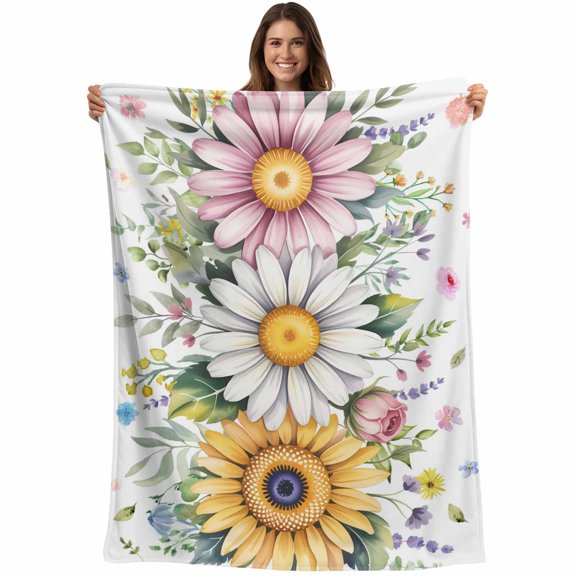 Colorful Daisy Floral Blanket Soft Cozy Warm Throw Blanket for Couch, Plush Fuzzy Flannel Fleece Blankets for Sofa, Spring Flowers Botanical Leaves Rustic Bed Blankets Gifts for Men, 30"x40"