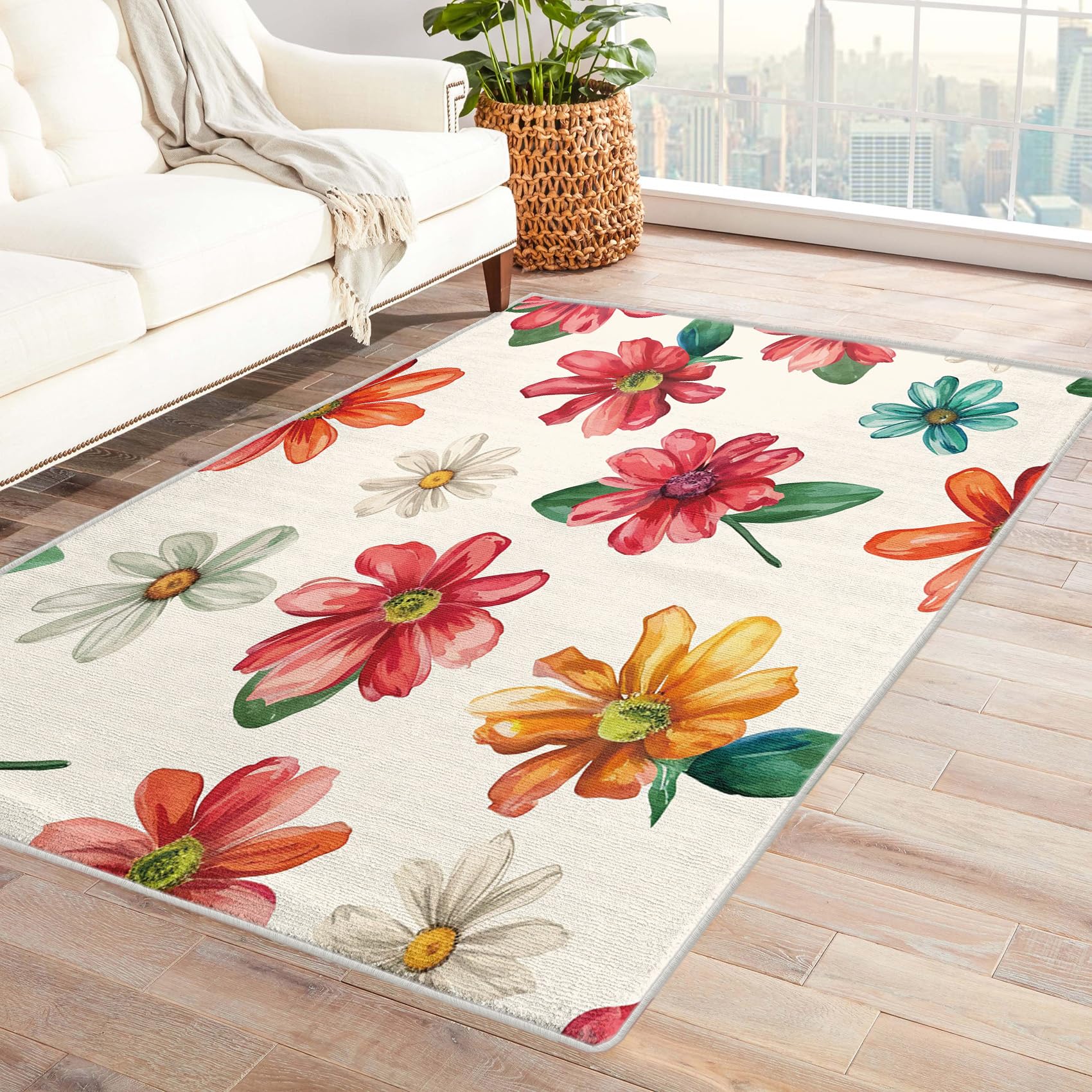 Colorful Daisy Floral Door Mat Non Slip Botanical Area Rug Soft Machine