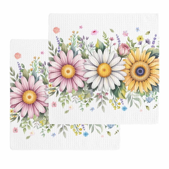 Colorful Daisy Floral Kitchen Dish Towels for Drying Dishes Set of 2, Spring Flowers Botanical Leaves Rustic Waffle Weave Microfiber Hand Tea Bathroom Towels Quick Dry & Absorbent Towel 12x12
