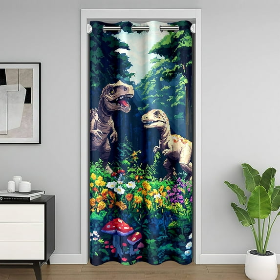 Colorful Daisy Floral Mushroom Door Cover Curtain,Dinosaur Doorway Curtain for Living Room Decor,Miner Video Games 52"Wx84"L Door Drape Adults