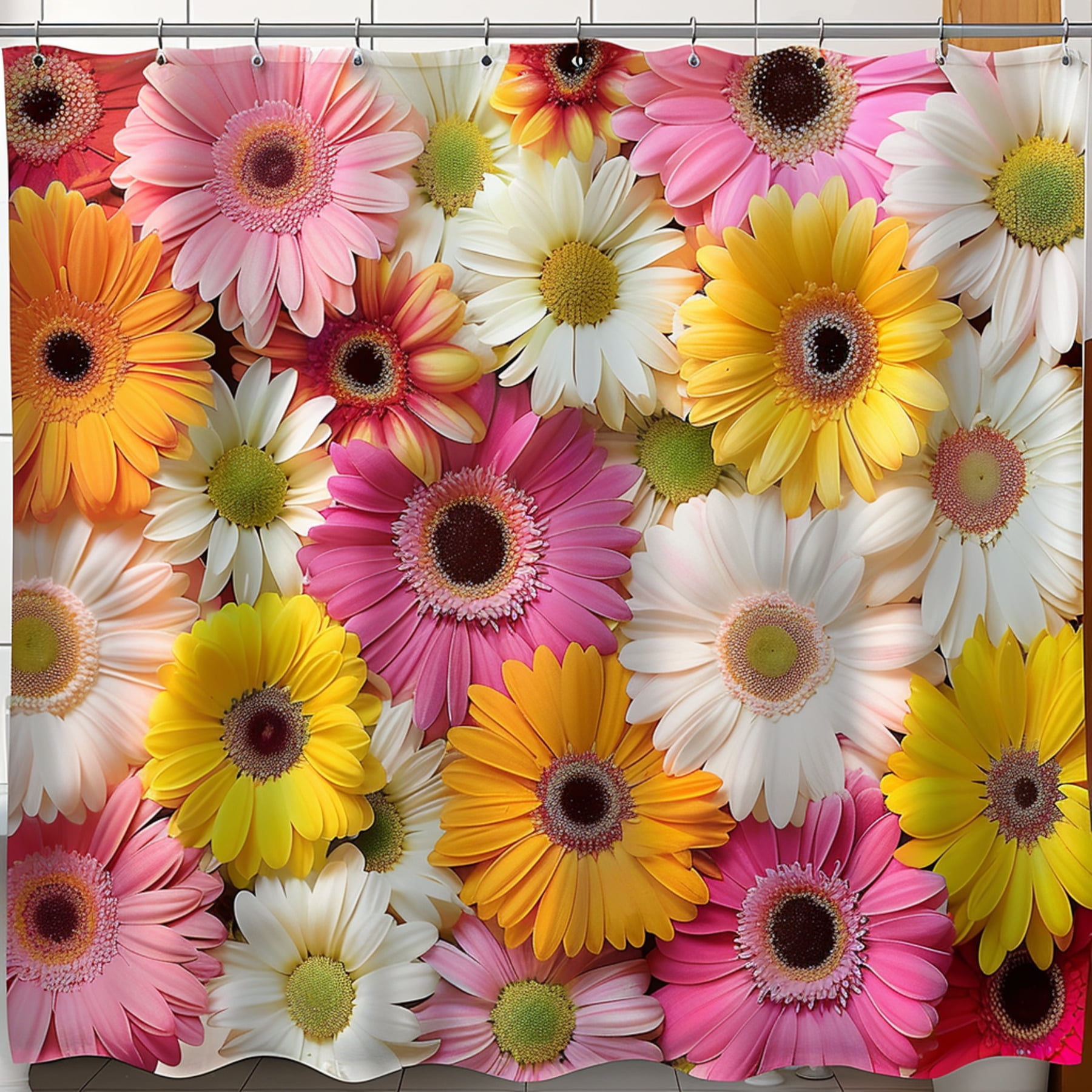 Colorful Daisy Floral Shower Curtain Pink Yellow Orange White Bathroom