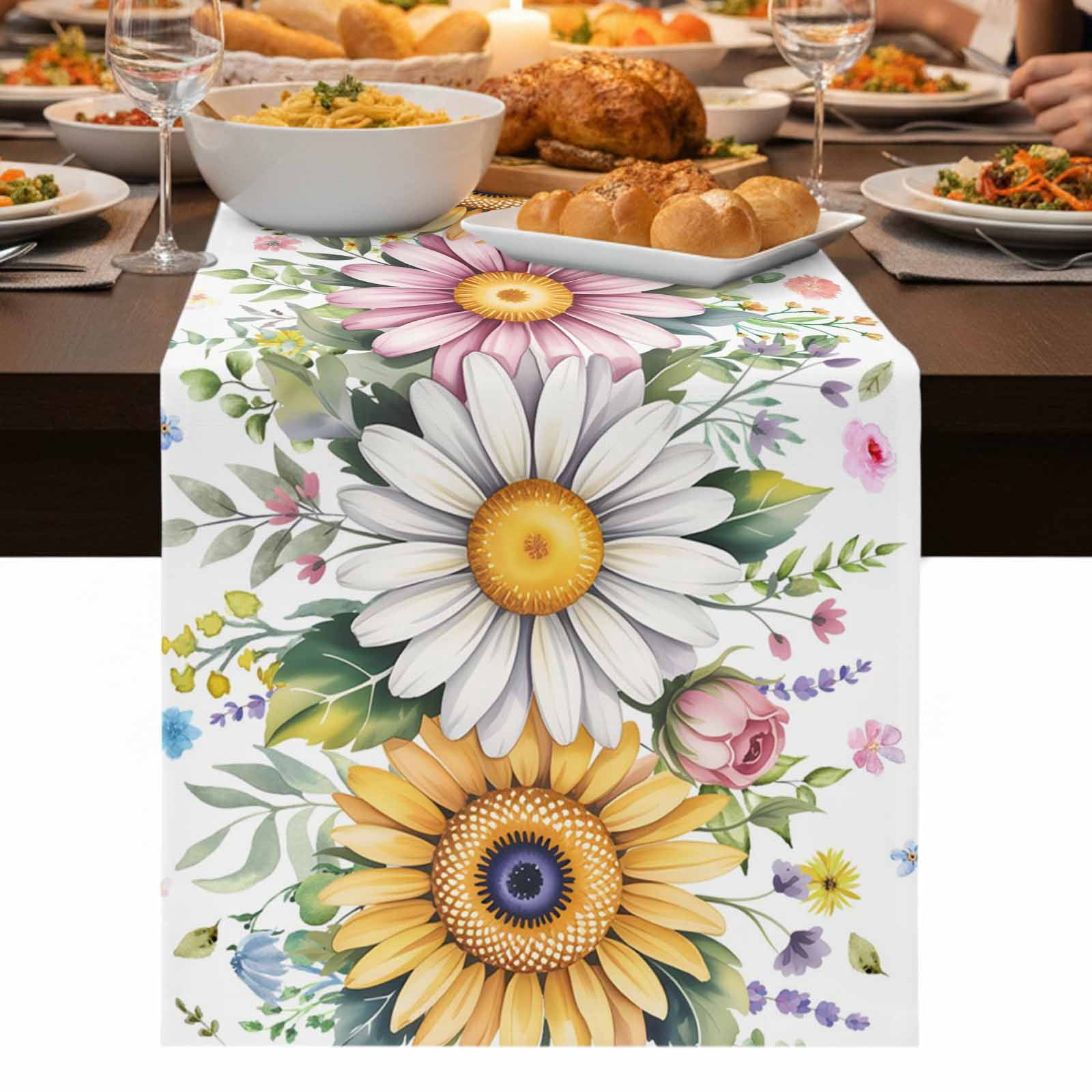 Table Runner Spring Style Colorful Daisy Floral Table Runner 60 Inch Long Dresser Scarves Linen ...