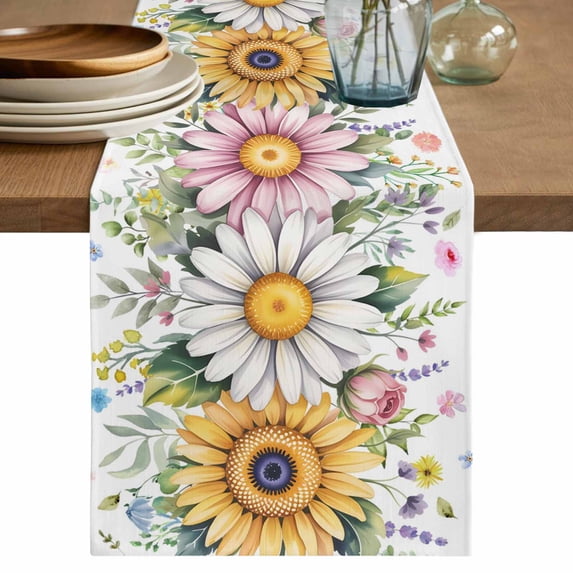 Colorful Daisy Floral Table Runner, Spring Flowers Botanical Leaves Rustic Cotton Linen Table Runners 108 Inches Long, Dresser Scarf Runner for Dining/Living Room/Kitchen/Square Tables 13''x108''