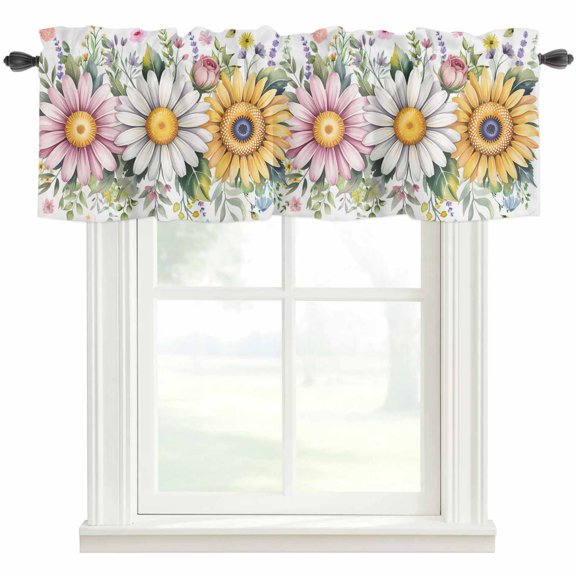Colorful Daisy Floral Valances for Windows Farmhouse Kitchen Curtains Valances Rod Pocket Valance Curtains for Windows Spring Flowers Botanical Leaves Rustic Valances for Bathroom Bedroom 42"x12"